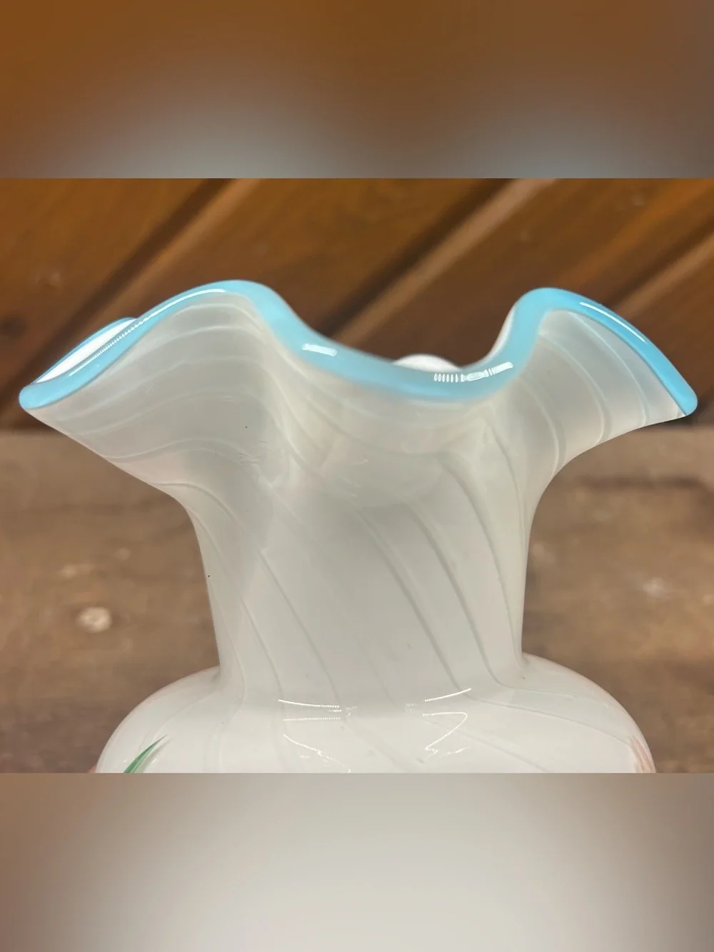 Vintage Fenton for Teleflora Hand-Painted White Optic Swirl Vase